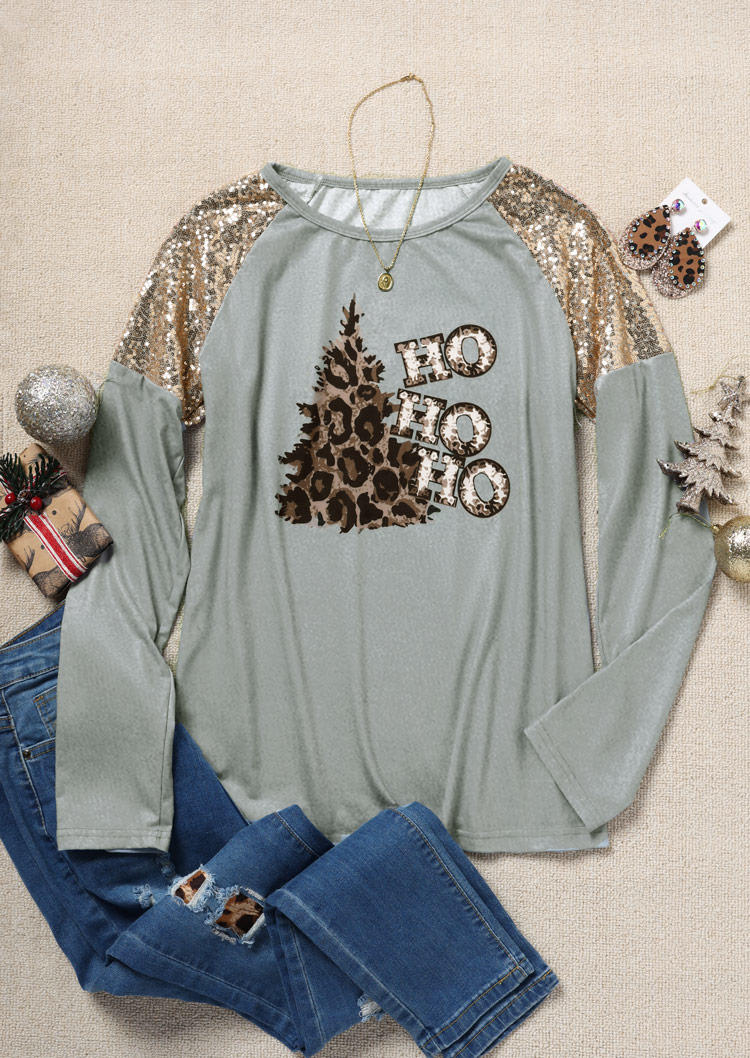 

Blouses Christmas Tree Ho Ho Ho Leopard Sequined Blouse in Gray. Size