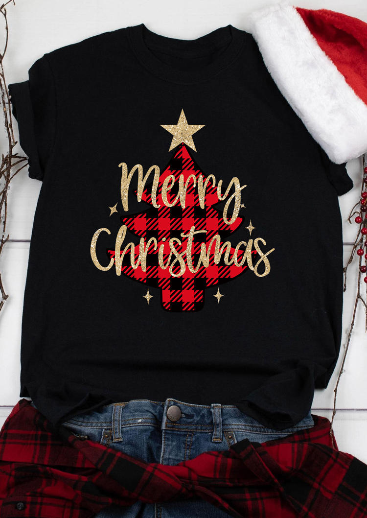 

T-shirts Tees Merry Christmas Buffalo Plaid Tree Star T-Shirt Tee in Black. Size