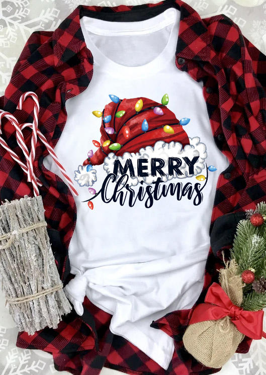 

T-shirts Tees Merry Christmas Hat Lantern O-Neck T-Shirt Tee in White. Size