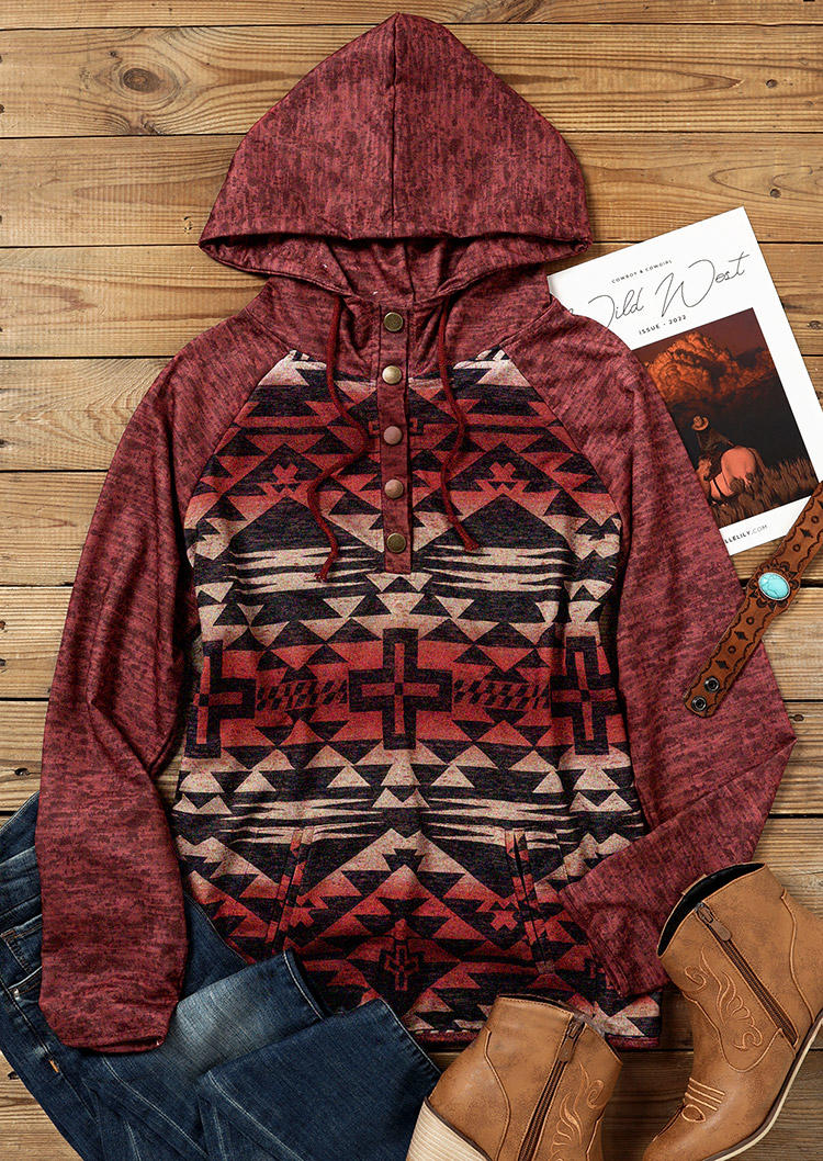

Hoodies Aztec Geometric Button Drawstring Kangaroo Pocket Hoodie - Brick Red in Red. Size