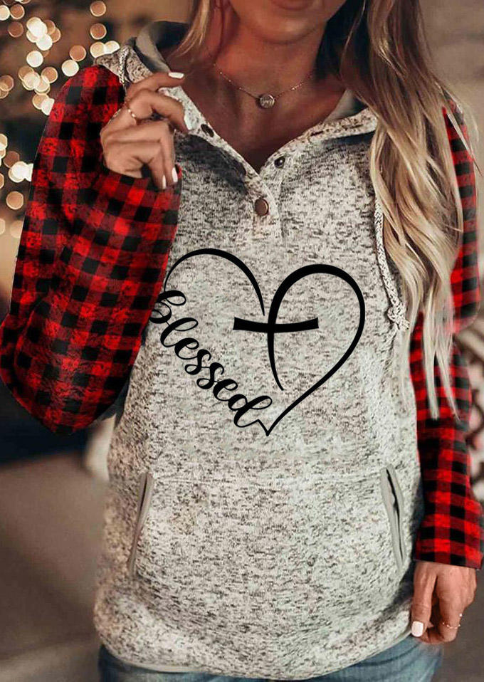 

Hoodies Blessed Cross Heart Plaid Hoodie in Gray. Size