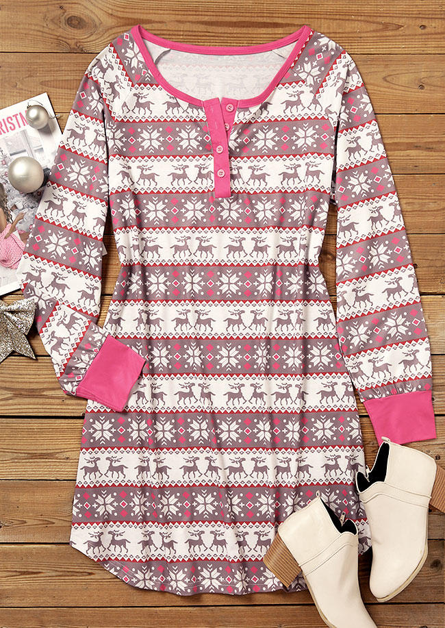 Christmas Reindeer Snowflake Button Mini Dress