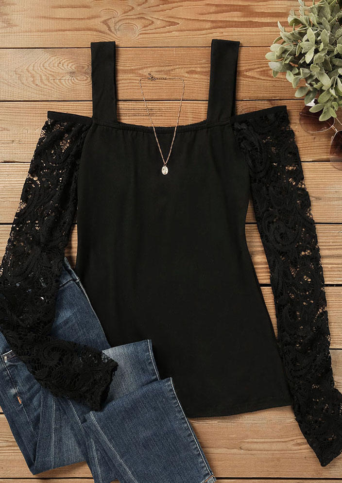 

Blouses Lace Splicing Long Sleeve Blouse in Black. Size
