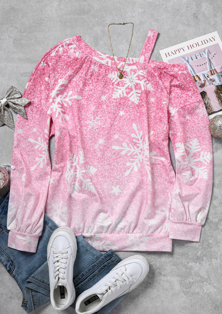 

Blouses Christmas Snowflake Glitter Gradient Blouse in Pink. Size: ,XL