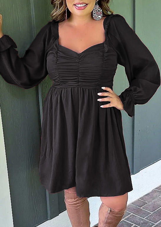Ruched Open Back Long Sleeve Mini Dress - Black
