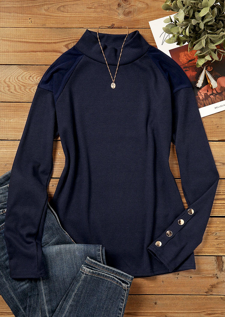 

Blouses Mesh Splicing Button Long Sleeve Blouse in Blue. Size
