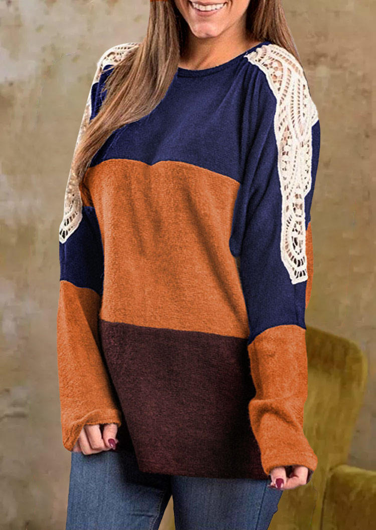 

Blouses Color Block Lace Splicing O-Neck Blouse in Multicolor. Size: L,M,,XL