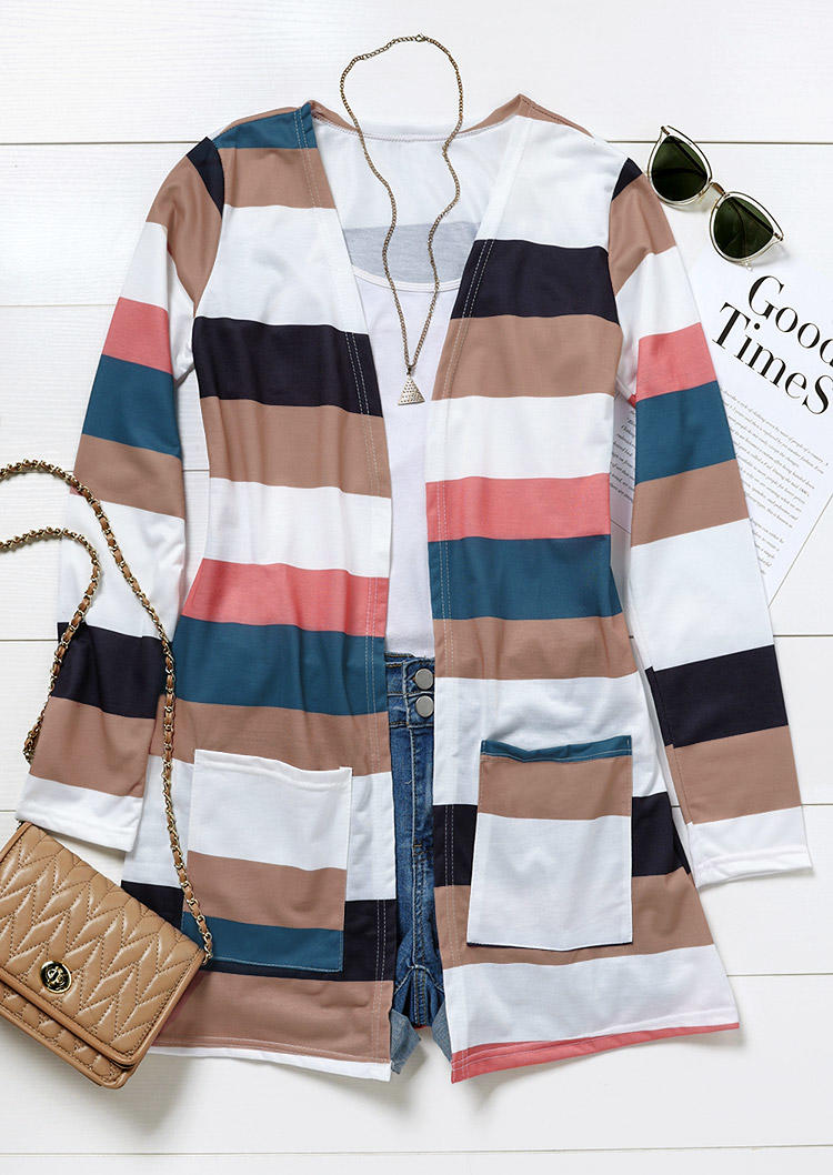 

Cardigans Color Block Striped Pocket Long Sleeve Open Front Cardigan in Multicolor. Size