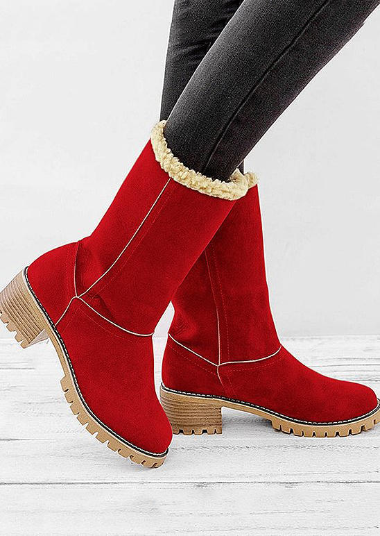 

Boots Winter Fur Warm Mid-Calf Snow Boots in Red. Size
