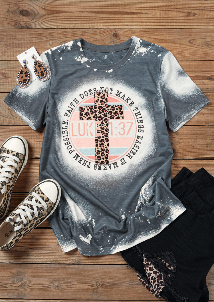 Faith Does Not Make Things Easier It Makes Them Possible Cross Leopard T-Shirt Tee - Gray