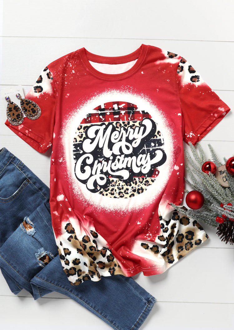 

T-shirts Tees Merry Christmas Leopard Plaid Bleached T-Shirt Tee in Red. Size