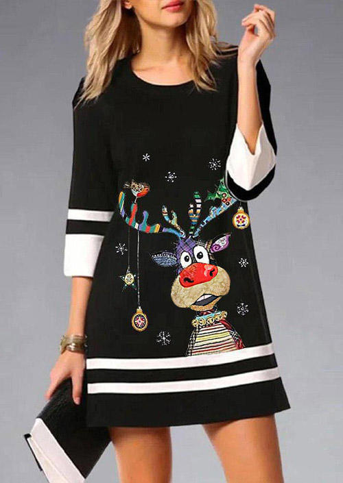 Christmas Reindeer Snowflake Striped Mini Dress - Black