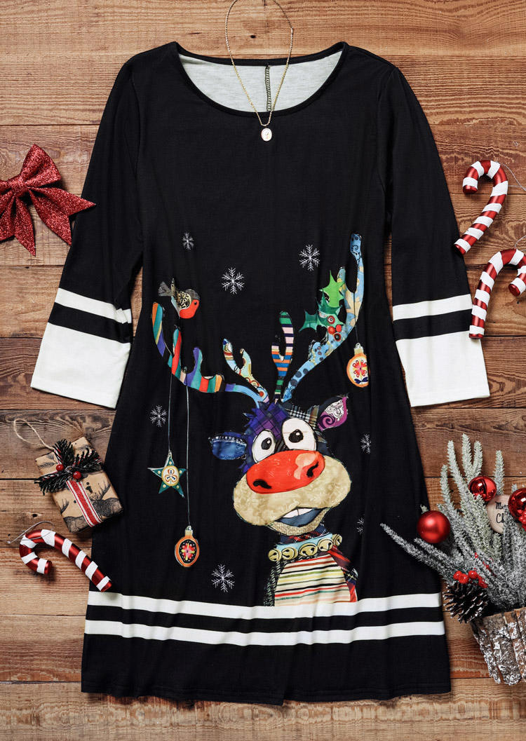 Mini Dresses Christmas Reindeer Snowflake Striped Mini Dress in Black. Size: XL
