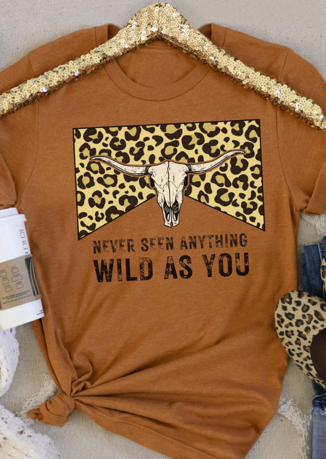 T-shirts Tees Never Seen Anything Wild As You Leopard Steer Skull T-Shirt Tee in Orange. Size: L,M,XL