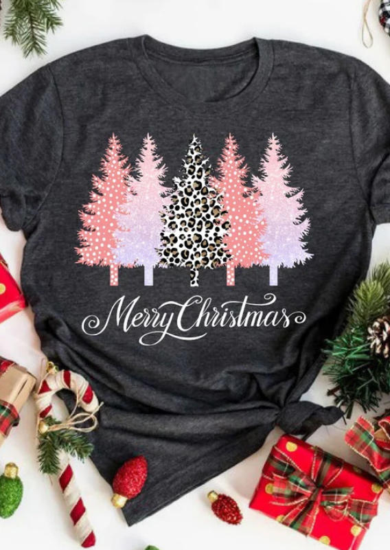 

T-shirts Tees Merry Christmas Polka Dot Leopard Tree T-Shirt Tee - Dark Grey in Gray. Size