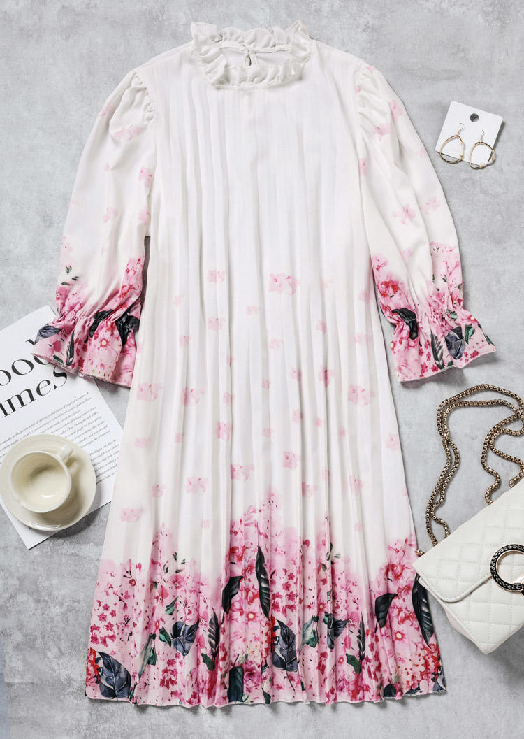 

Mini Dresses Floral Leaf Ruffled Button Mini Dress in Multicolor. Size: L