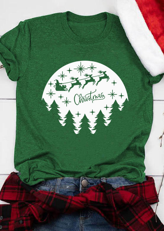 

T-shirts Tees Christmas Reindeer Santa Claus O-Neck T-Shirt Tee in Green. Size: L,M