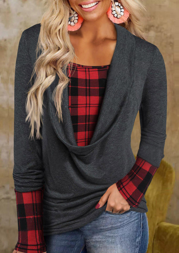 

Blouses Plaid Long Sleeve Fake Two-Piece Blouse in Gray. Size