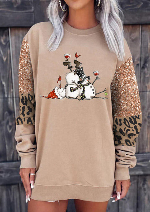 Mini Dresses Christmas Snowman Leopard Sweatshirt Mini Dress in Khaki. Size: L,M,S