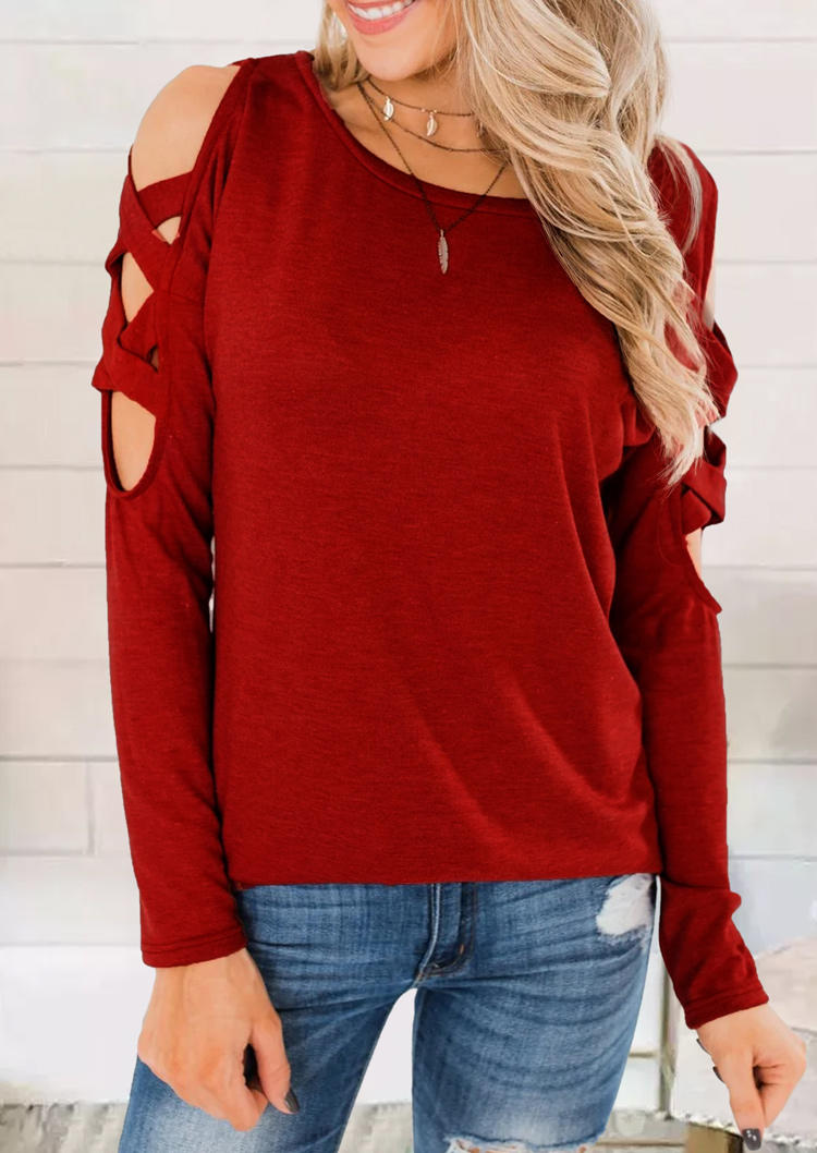 Criss-Cross Long Sleeve O-Neck Blouse - Burgundy