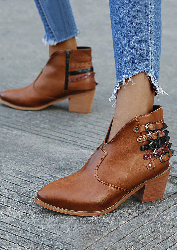 

Boots Rivet Zipper Buckle Strap Heeled Boots in Brown. Size