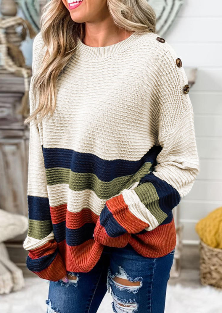

Sweaters Color Block Button Long Sleeve Sweater in Multicolor. Size: M