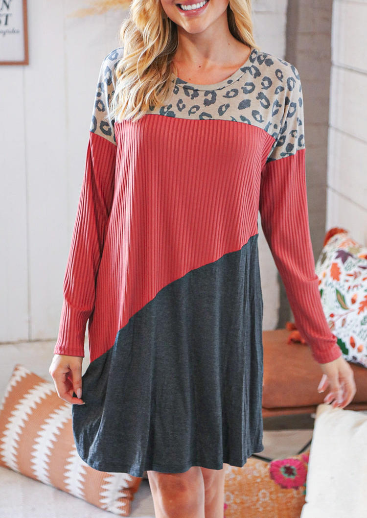 

Mini Dresses Leopard Color Block Long Sleeve Mini Dress in Multicolor. Size: L,M,,XL