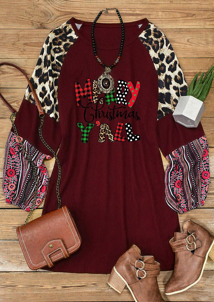 

Mini Dresses Merry Christmas Y'all Leopard Plaid Polka Dot Mini Dress - Burgundy in Red. Size: L,M,,XL