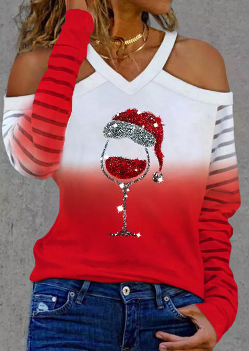 Christmas Wine Glass Gradient Glitter Cold Shoulder Blouse - Red