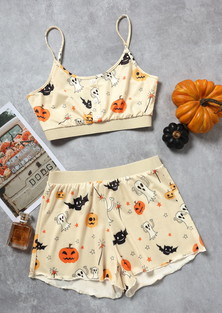 

Sleepwear Halloween Pumpkin Face Bat Camisole And Shorts Pajamas Set - Light Yellow in Yellow. Size: ,XL