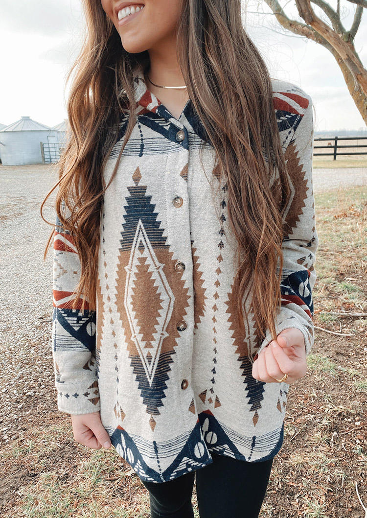 

Coats Aztec Geometric Button Turn-down Collar Coat in Multicolor. Size