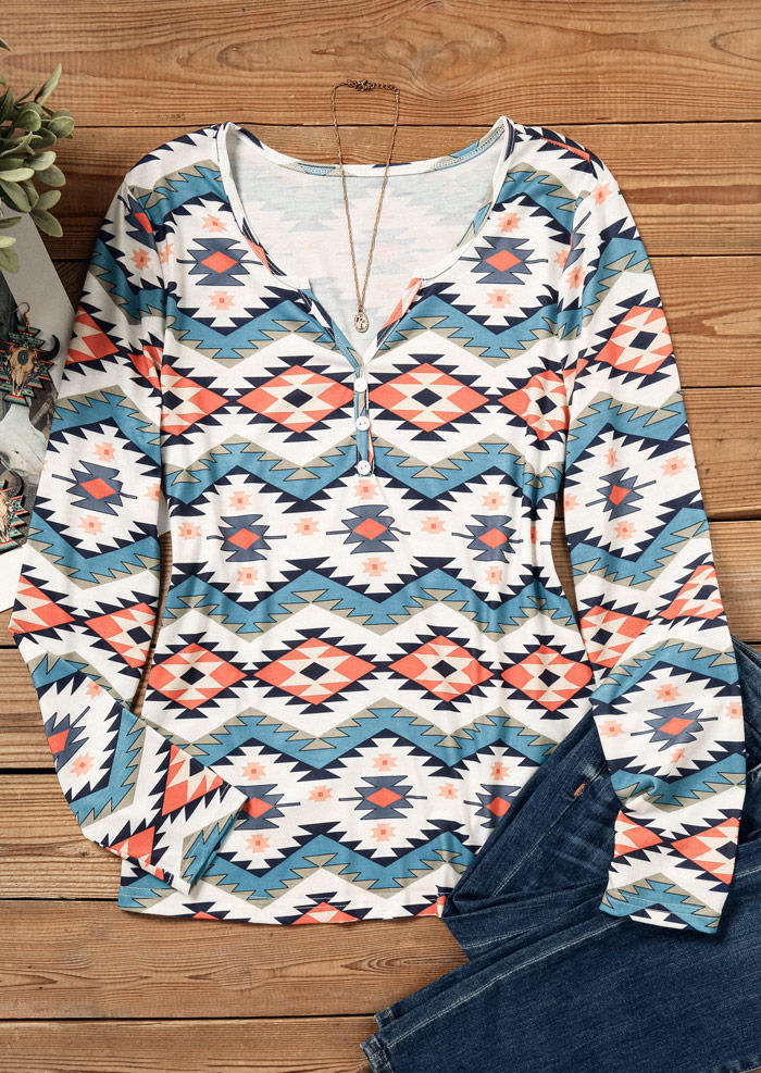 

Blouses Aztec Geometric Button Long Sleeve Blouse in Multicolor. Size