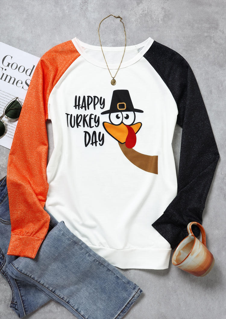 Sweatshirts Thanksgiving Happy Turkey Day Color Block Pullover Sweatshirt in White. Size: M,S