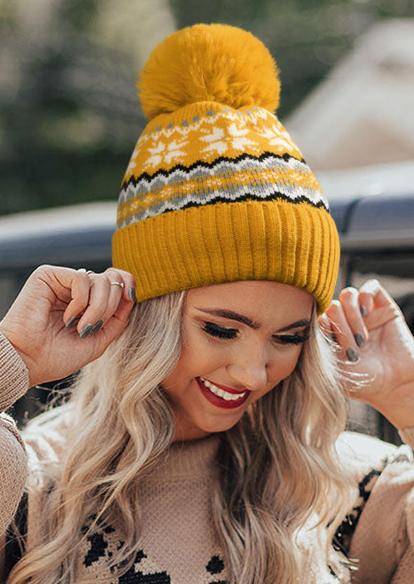 

Hats Christmas Snowflake Warm Knitted Hairball Beanie Hat in Yellow. Size