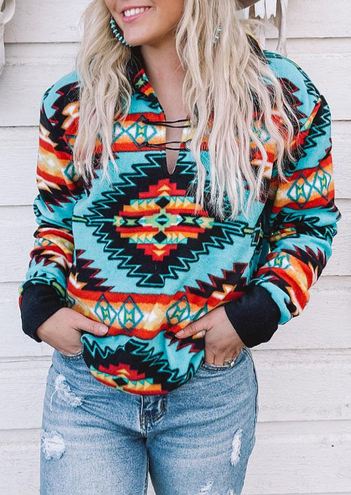 

Hoodies Aztec Geometric Serape Striped Button Long Sleeve Hoodie in Multicolor. Size