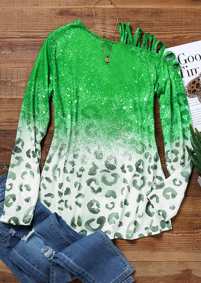 

Blouses Leopard Glitter Criss-Cross One Sided Cold Shoulder Blouse in Green. Size