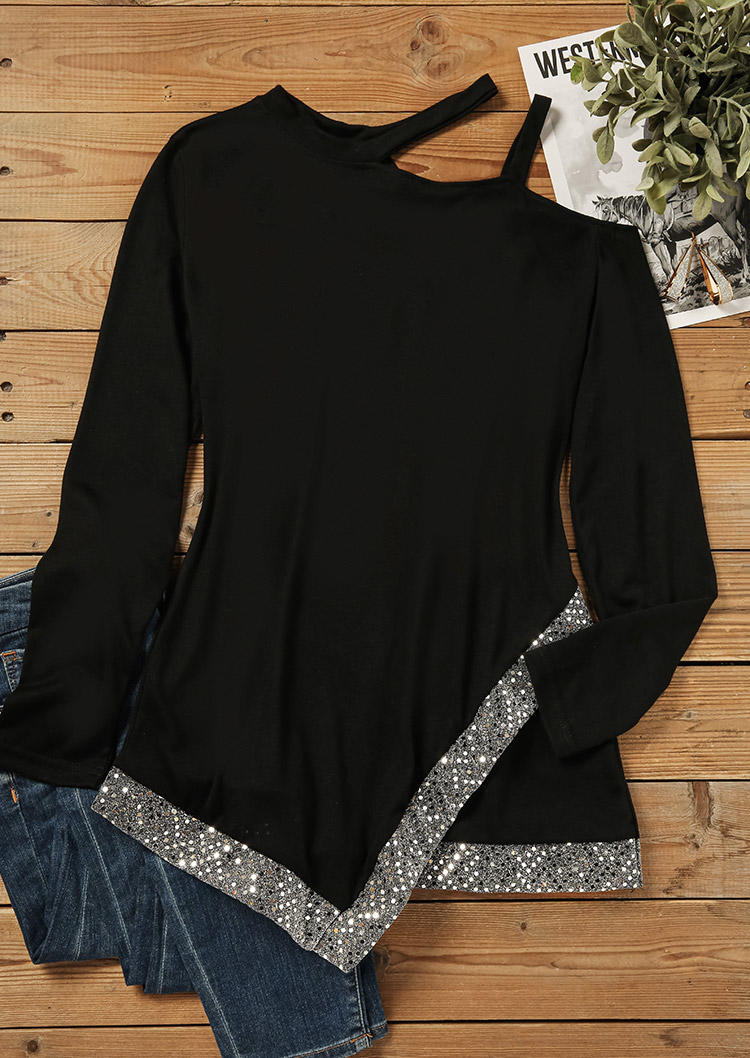 Hollow Out One Sided Cold Shoulder Blouse - Black