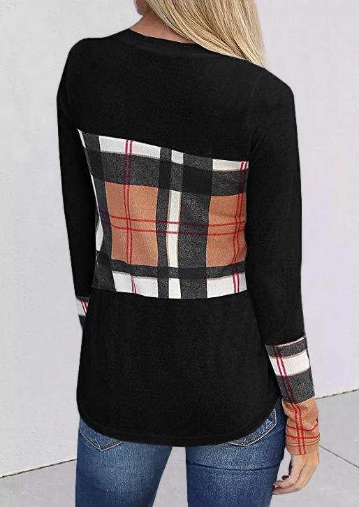 Blouses Plaid Long Sleeve O-Neck Blouse in Black. Size: M,S,XL