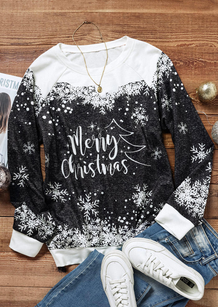 Sweatshirts Merry Christmas Snowflake Pullover Sweatshirt in Black. Size: M,S