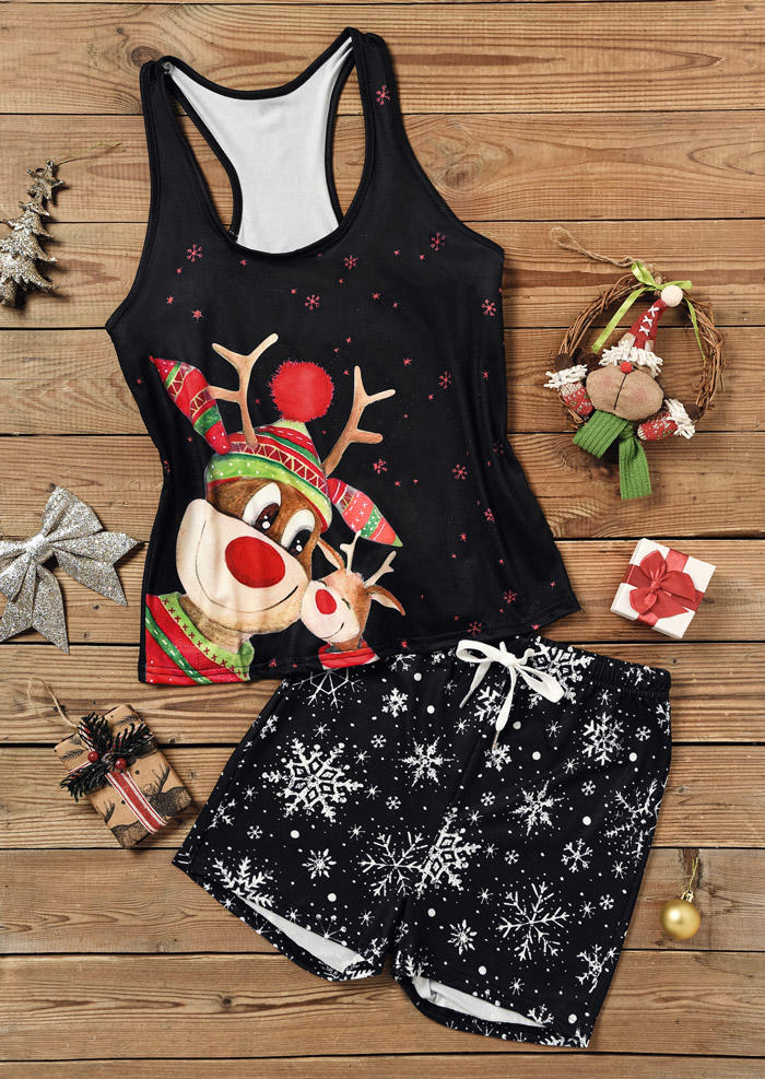 

Sleepwear Christmas Reindeer Snowflake Tank And Shorts Pajamas Set in Black. Size
