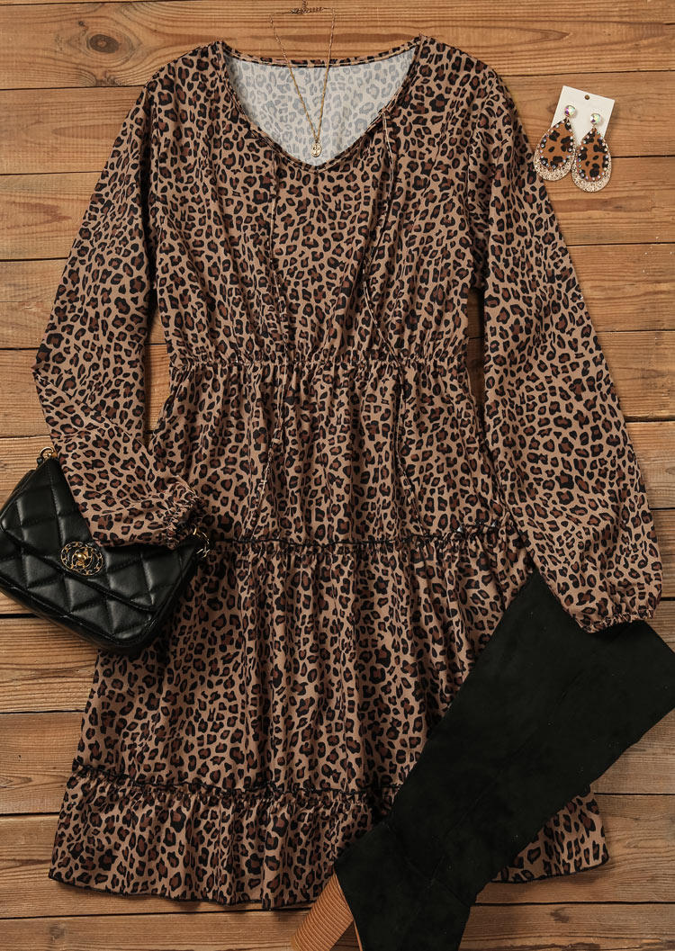 Mini Dresses Leopard Ruffled Long Sleeve Mini Dress in Multicolor. Size: L