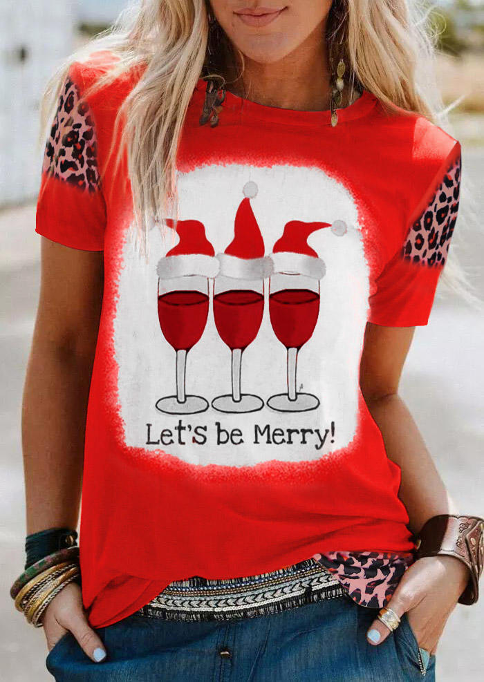 Christmas Let's Be Merry Hat Leopard T-Shirt Tee - Red