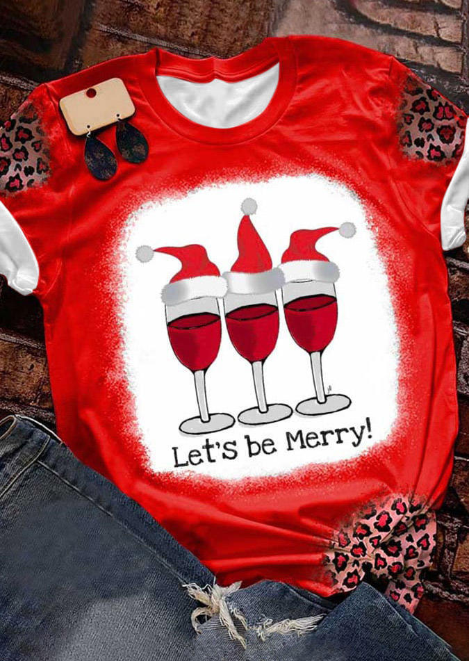 T-shirts Tees Christmas Let's Be Merry Hat Leopard T-Shirt Tee in Red. Size: L,XL