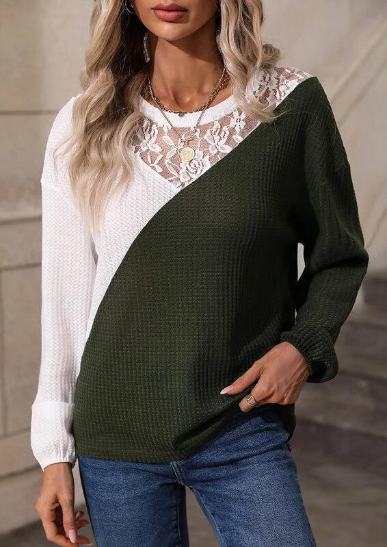 Lace Splicing Waffle O-Neck Blouse - Army Green