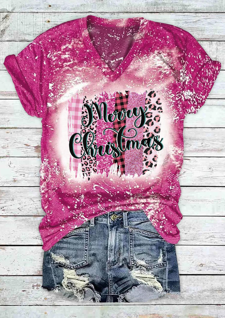 T-shirts Tees Merry Christmas Leopard Plaid Bleached T-Shirt Tee in Pink. Size: M