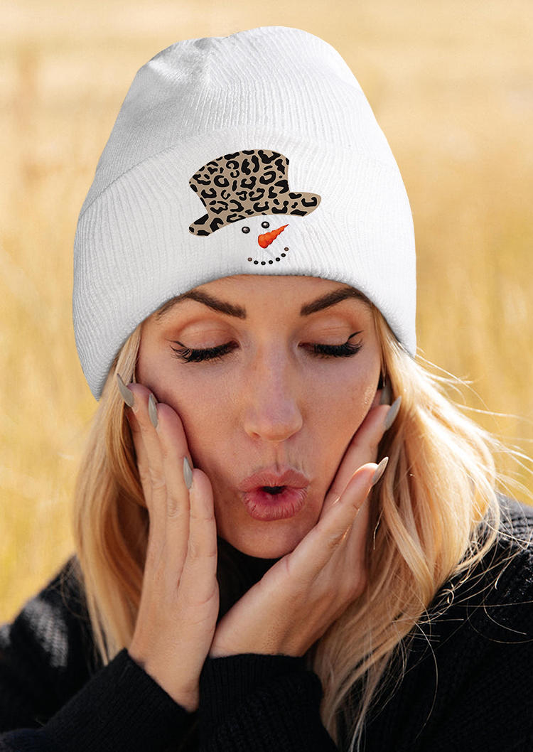 

Hats Christmas Snowman Leopard Knitted Beanie Hat in White. Size