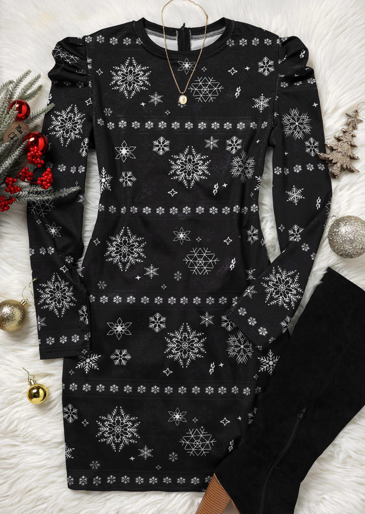 Christmas Snowflake Zipper O-Neck Bodycon Dress - Black