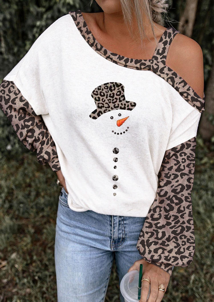 Blouses Christmas Snowman Leopard One Sided Cold Shoulder Blouse in White. Size: L,M,S