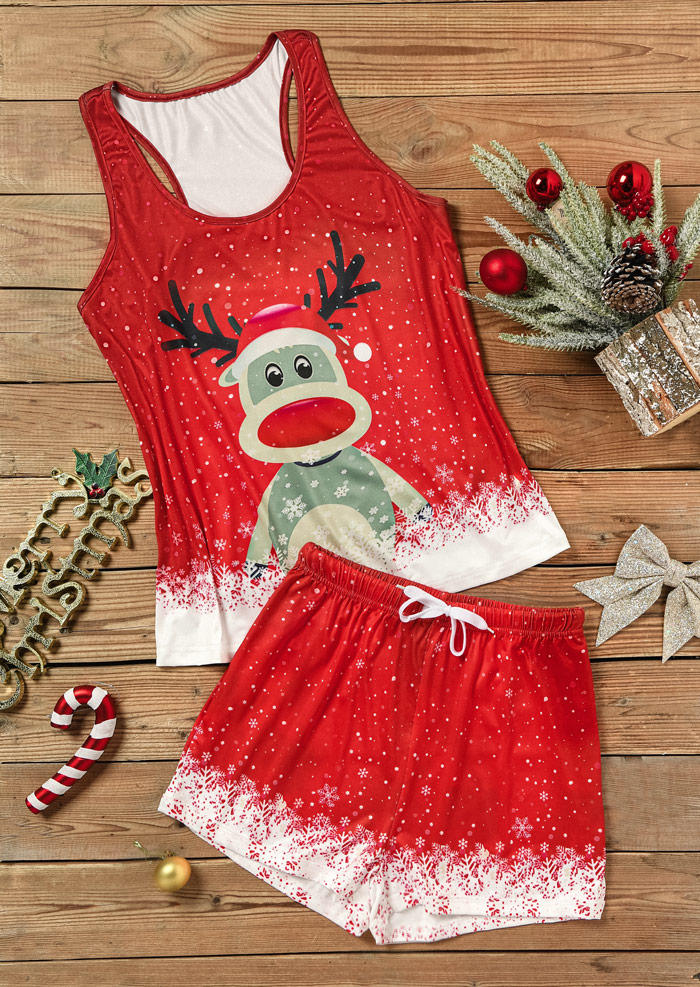 

Sleepwear Christmas Reindeer Snowflake Tank And Shorts Pajamas Set in Red. Size