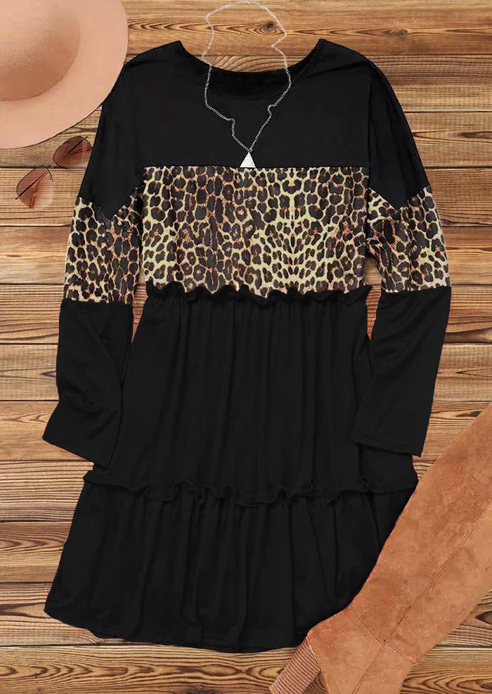 Mini Dresses Leopard Color Block Ruffled Splicing Mini Dress in Black. Size: 2XL,3XL,L,M,S,XL